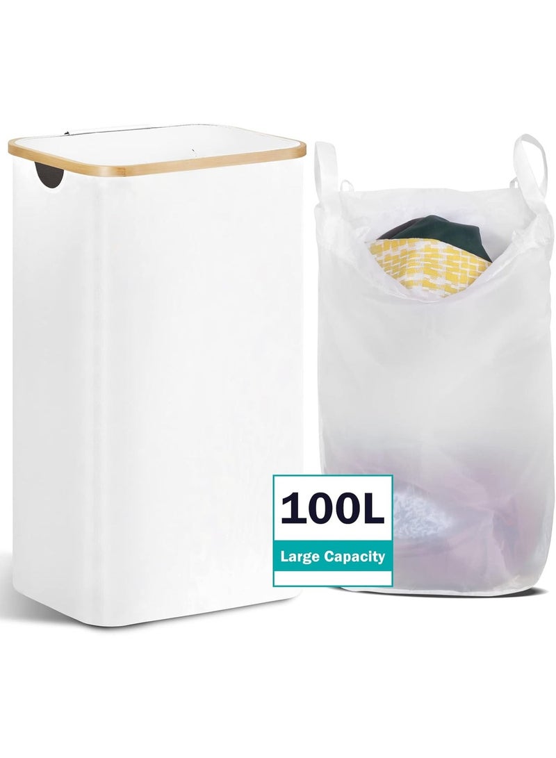 Large Laundry Hamper with Lid by, 100L Tall Laundry Basket with Bamboo Handles for Clothes and Toys, Collapsible Laundry Basket with Removable Inner Bag for Bedroom and Bathroom, White - Image 1